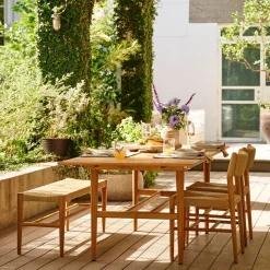 Baycrest Outdoor Teak Extendable Dining Table (84"–100") & Benches (46") Set