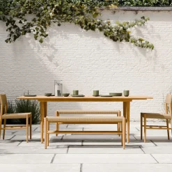 Baycrest Outdoor Teak Extendable Dining Table (84"–100"), Benches (46") & Dining Chairs Set