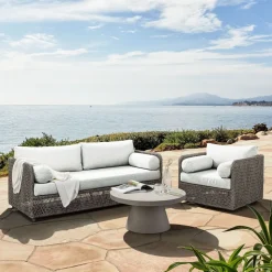 Coastal Wicker Outdoor Sofa, Swivel Chair & Concrete Pedestal Round Coffee Table Set
