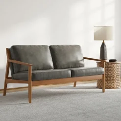 Mid-Century Leather Show Wood Sofa (66")