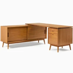Mid-Century Modular L-Shaped Desk w/ File Cabinet & Bookcase (70") - ADA