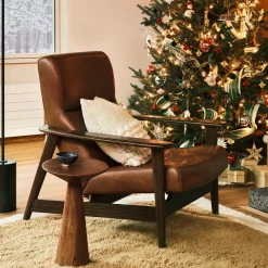Mid-Century Show Wood High-Back Leather Chair