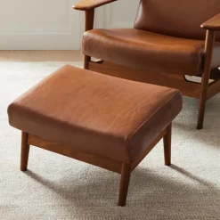 Mid-Century Show Wood Leather Ottoman