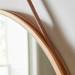 Modern Hanging Round Wall Mirror w/ Leather Strap