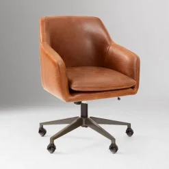 Open Box: Helvetica Leather Swivel Office Chair - Weston Leather Molasses, Dark Bronze
