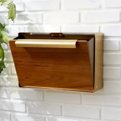 Open Box: Modern Steel & Teak Mailbox, Wide (16"W x 7"D x 11"H) - Antique Brass