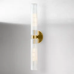 Open Box: Weston Fluted Glass Double Long Indoor/Outdoor Sconce (29") - Antique Brass, Clear Shade