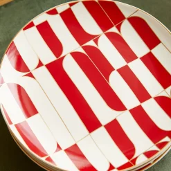 Red Geo Stoneware Salad Plate Sets