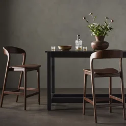Scooped Ash Wood Leather Stool