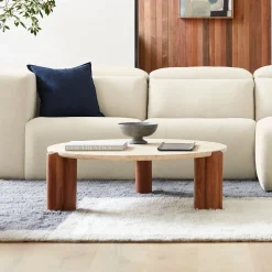Travertine Solid Wood Round Coffee Table (44")