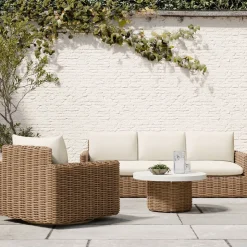 Westport Wicker Outdoor Slim Sofa, Swivel Chair & Wicker Pedestal Coffee Table