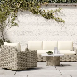 Westport Wicker Outdoor Slim Sofa, Swivel Chair & Wicker Pedestal Coffee Table
